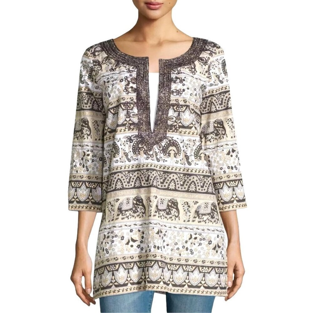 Calypso St Barth Shirt Women Small Ivory Brown Metallic Thread Ikat Print Tunic
